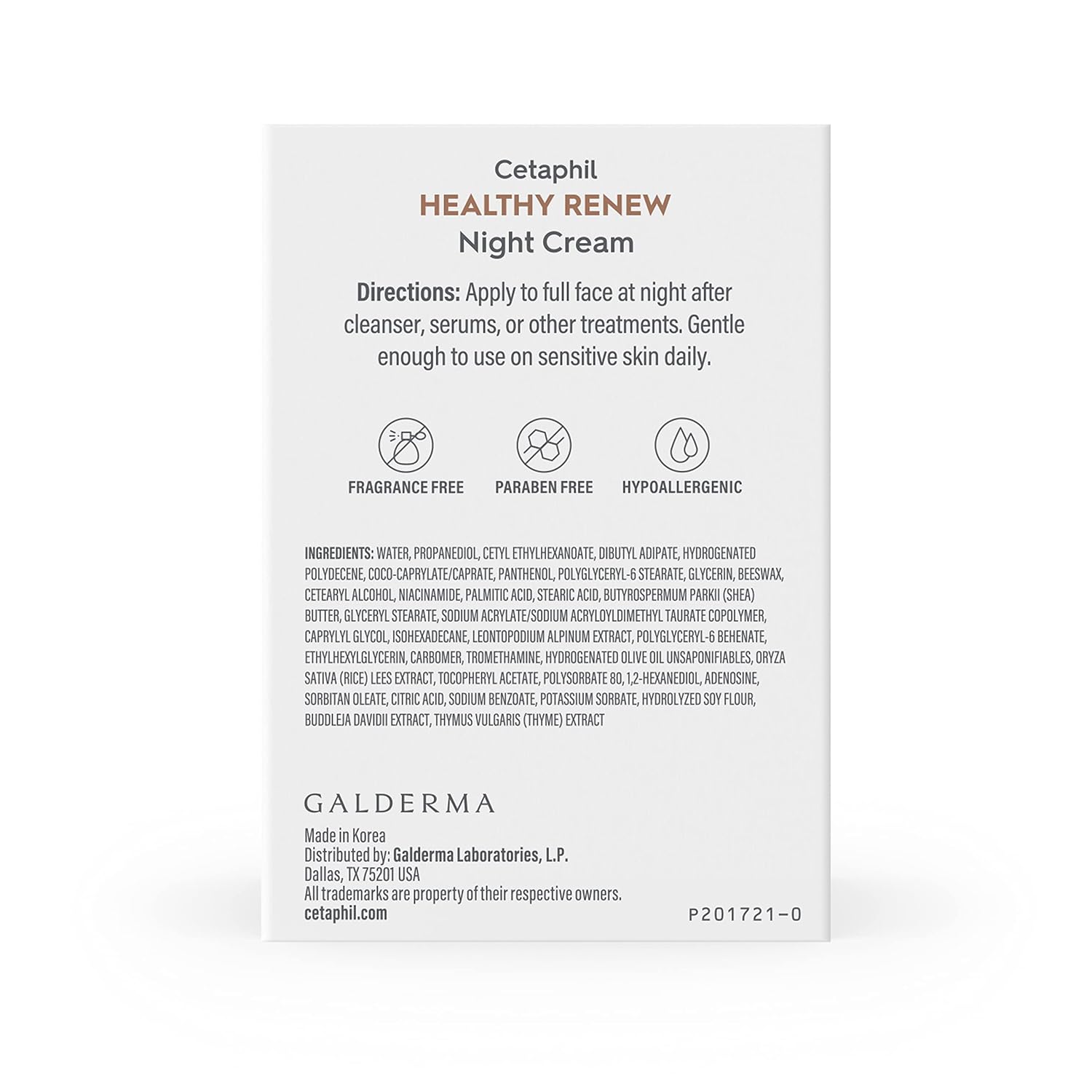 A white rectangular box for Galderma Cetaphil Healthy Renew Night Cream with black text and small brown headings, photographed against a black background.