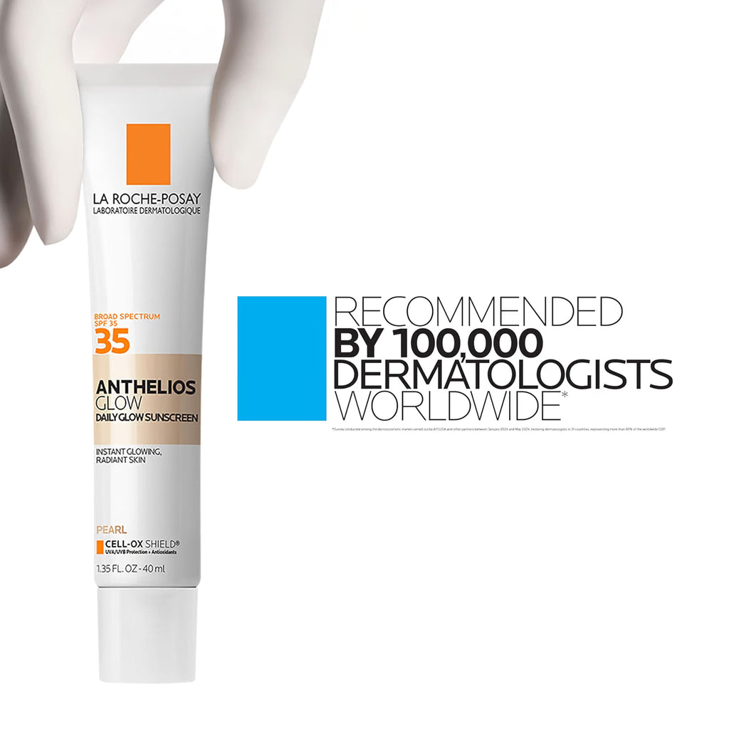 La Roche-Posay sunscreen tube with text about dermatologist recommendation on a white background