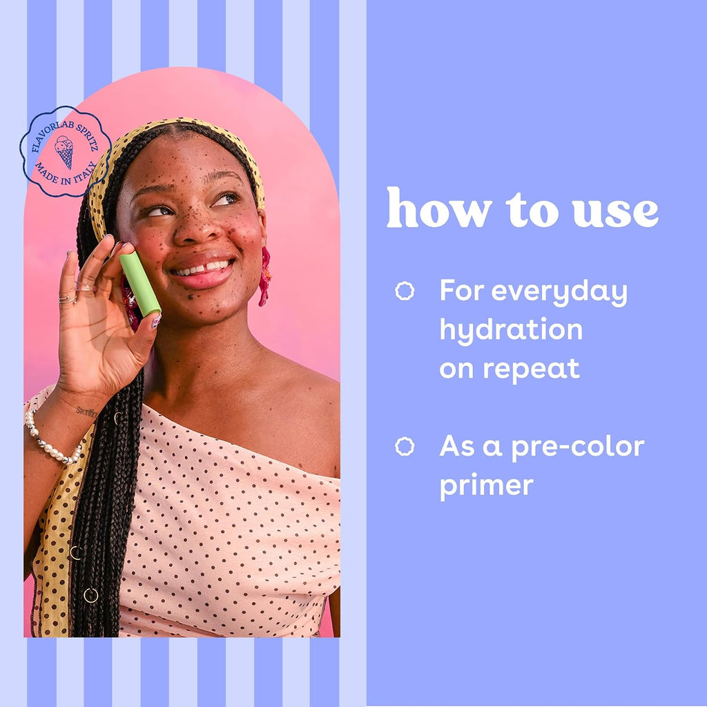 An instructional graphic with a woman applying a green cosmetic tube to her cheek, alongside text reading 'how to use' and bullet points about daily hydration and pre-color primer. The brand 'FABULOUS BOWS MADE IN FANTASY' is visible in a badge.
