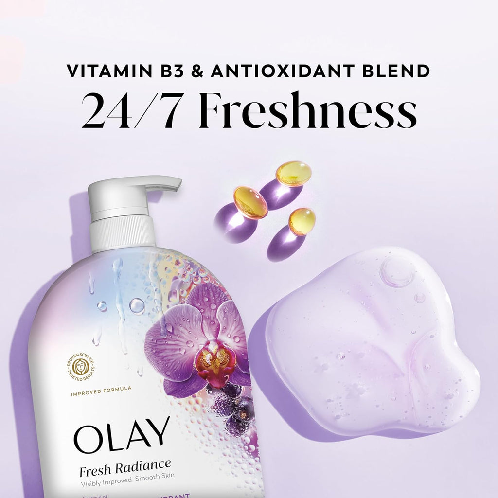 Olay Fresh Radiance bottle with product and packaging elements on a light purple background