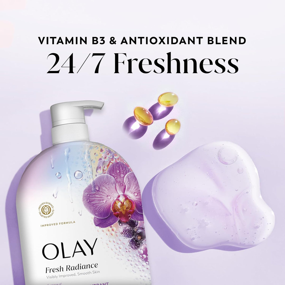 Olay Fresh Radiance bottle with product and packaging elements on a light purple background