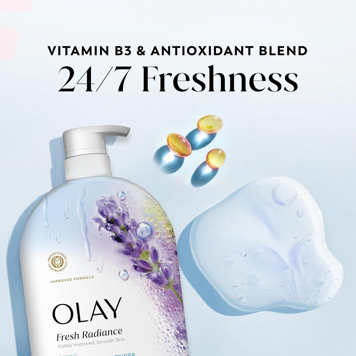 Olay Fresh Radiance bottle with lavender design on a light blue background, featuring text about Vitamin B3 and antioxidant blend.
