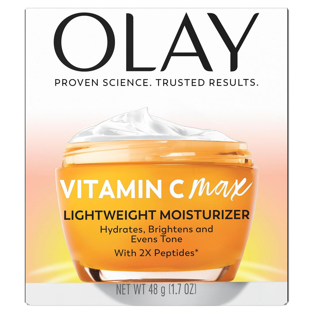 Olay Vitamin C Max Lightweight Moisturizer in a white and orange box with a graphic of an open orange jar containing white cream.