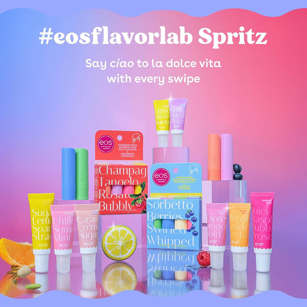 Collection of EOS lip balm tubes with colorful packaging on a gradient background