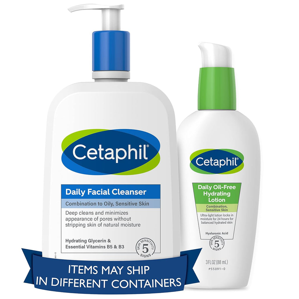 Cetaphil Daily Facial Cleanser and Daily Oil-Free Hydrating Lotion on a white background