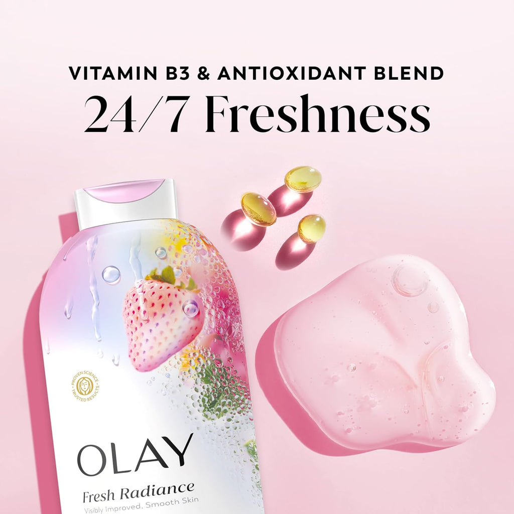 Olay Fresh Radiance vitamin B3 and antioxidant blend skincare bottle shown on a soft pink background with promotional text '24/7 Freshness' and a pink gel swatch.