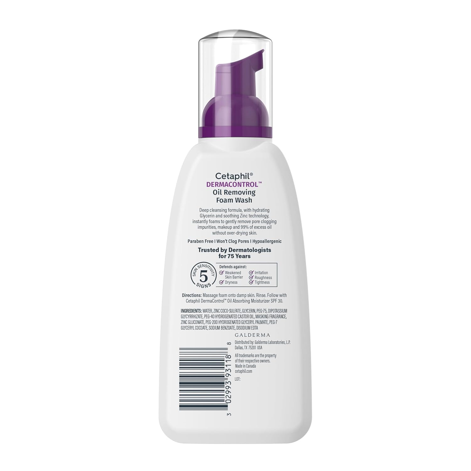 Foam wash bottle with purple pump on a white background
