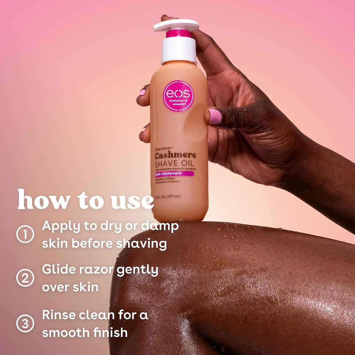 Hand holding a bottle of eos Cashmere Shave Oil with application instructions on a pink background