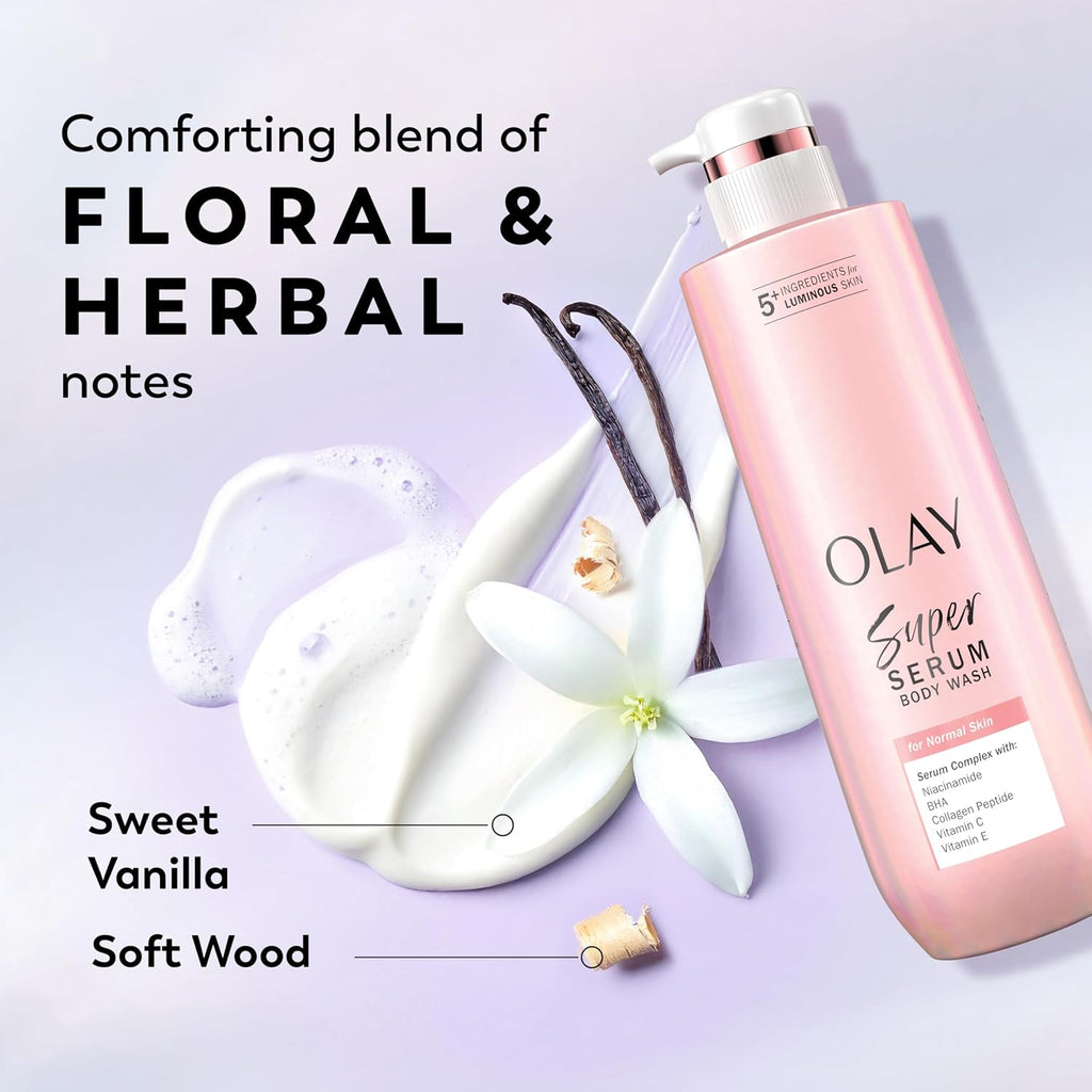 Olay Super Serum body wash bottle with floral elements on a light purple background