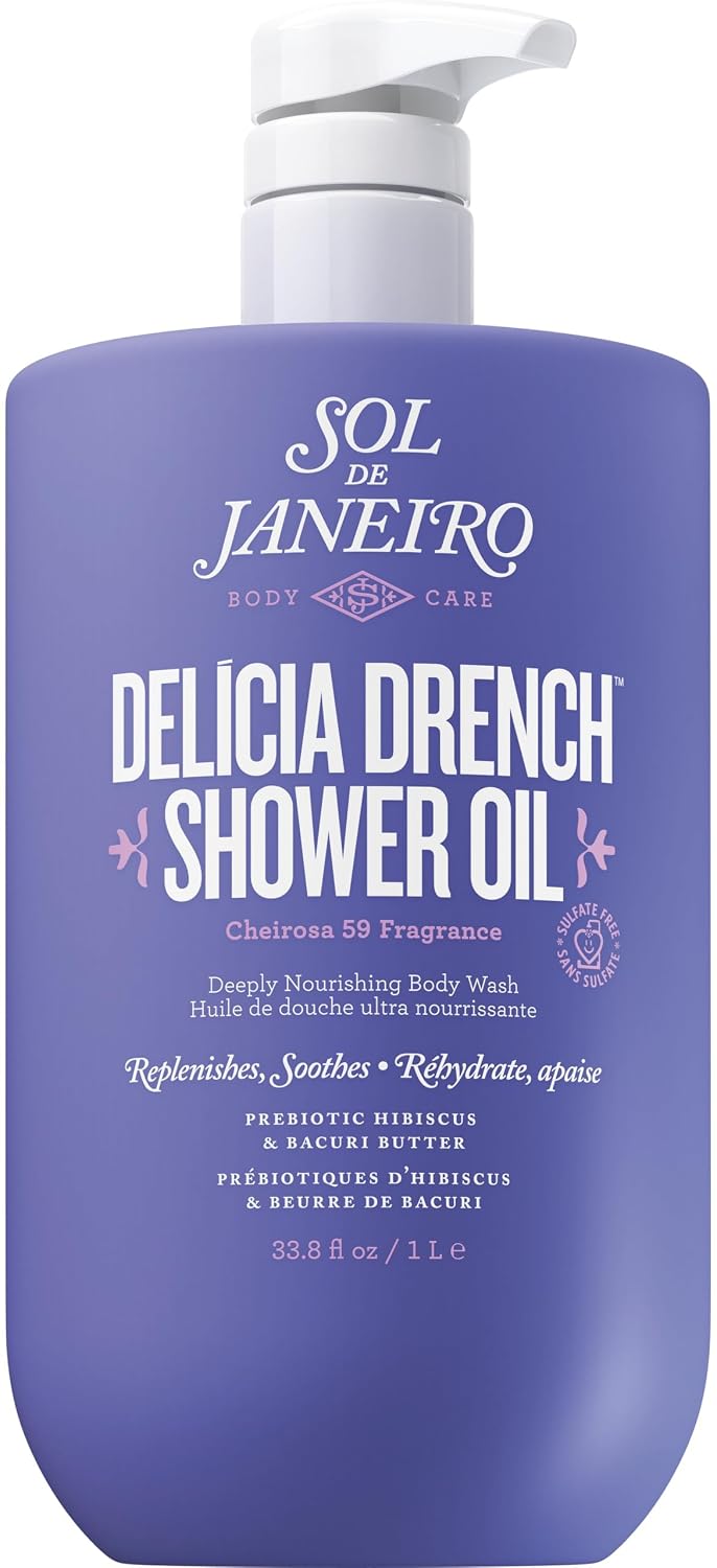 Purple bottle of Sol de Janeiro Delicia Drench Shower Oil with pump.