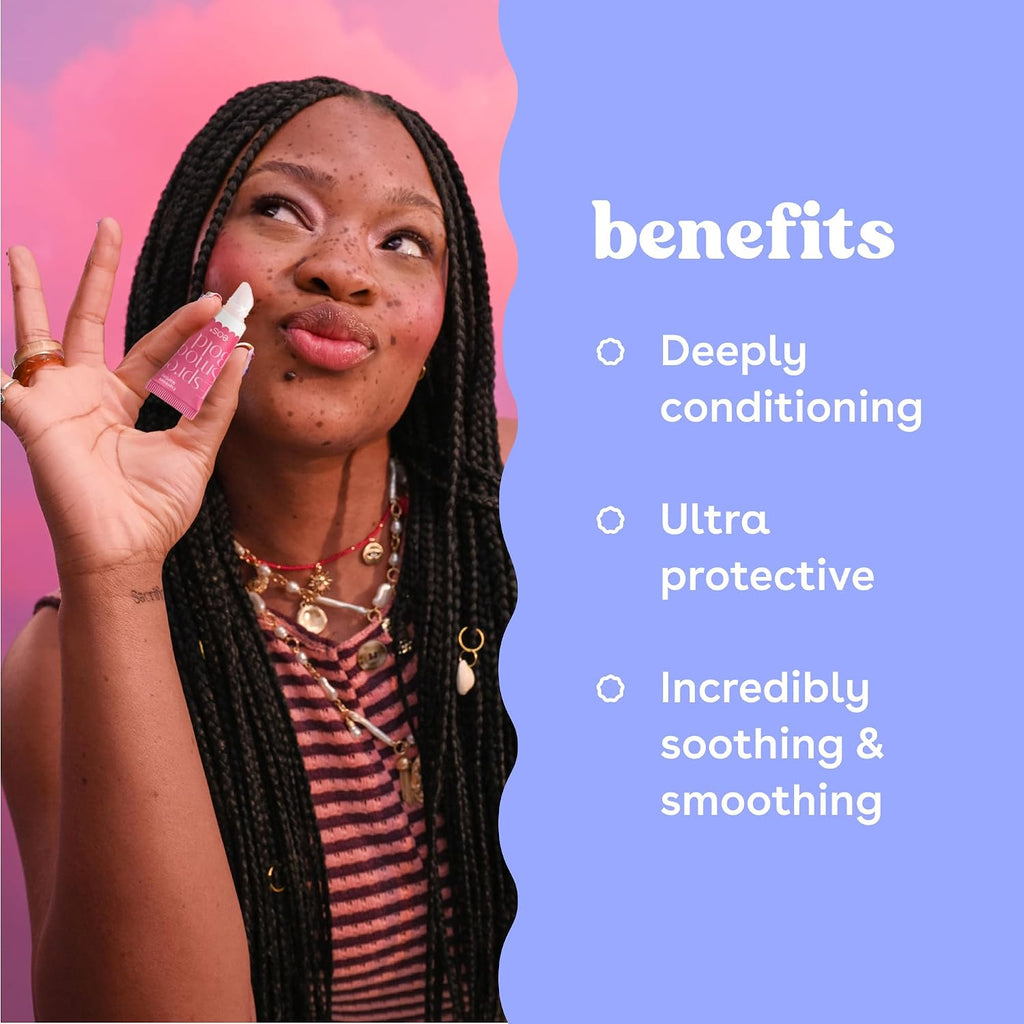 Woman with braided hair holding a pink crystal against a colorful background with text about product benefits.
