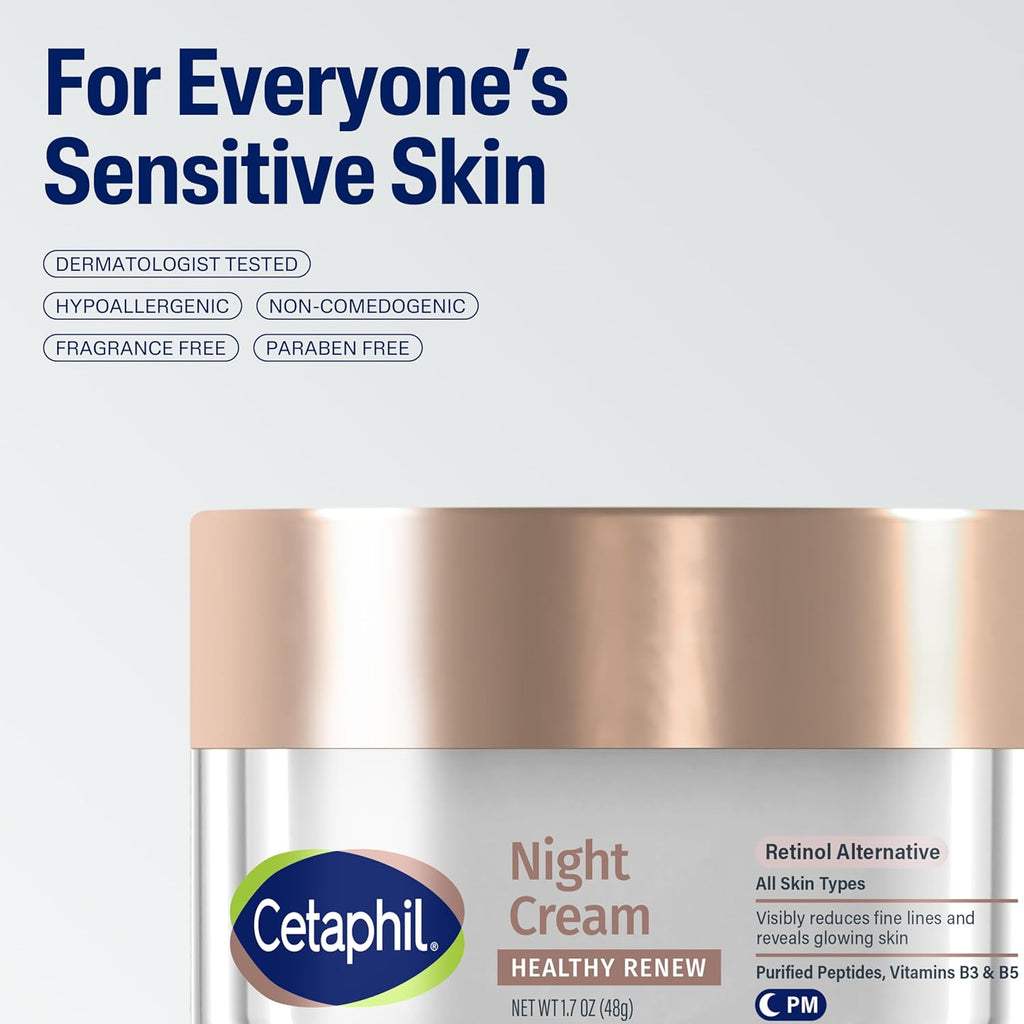 Cetaphil Night Cream packaging with gold lid on a light gray background