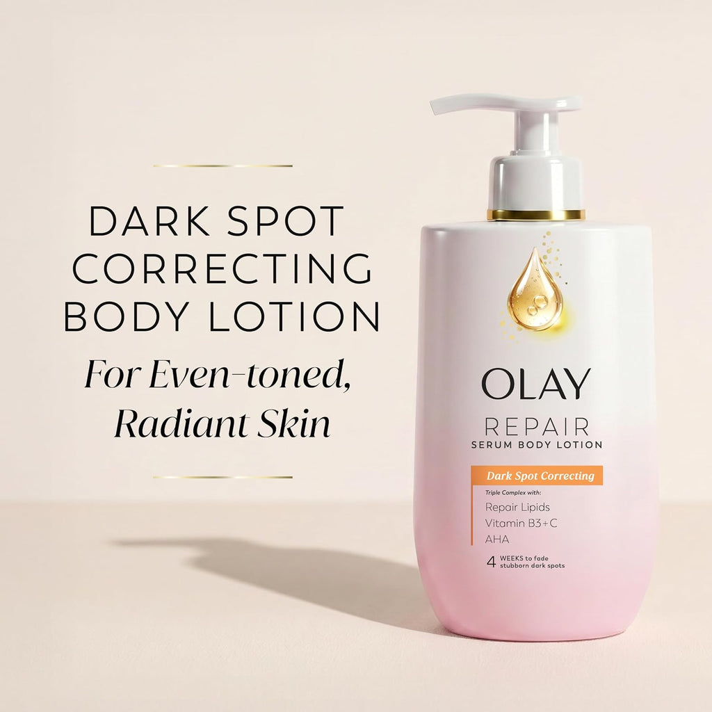 Olay Repair Serum Body Lotion in a white pump bottle with a soft pink base, shown on a warm beige background with promotional text reading 'Dark Spot Correcting Body Lotion For Even-toned, Radiant Skin'.