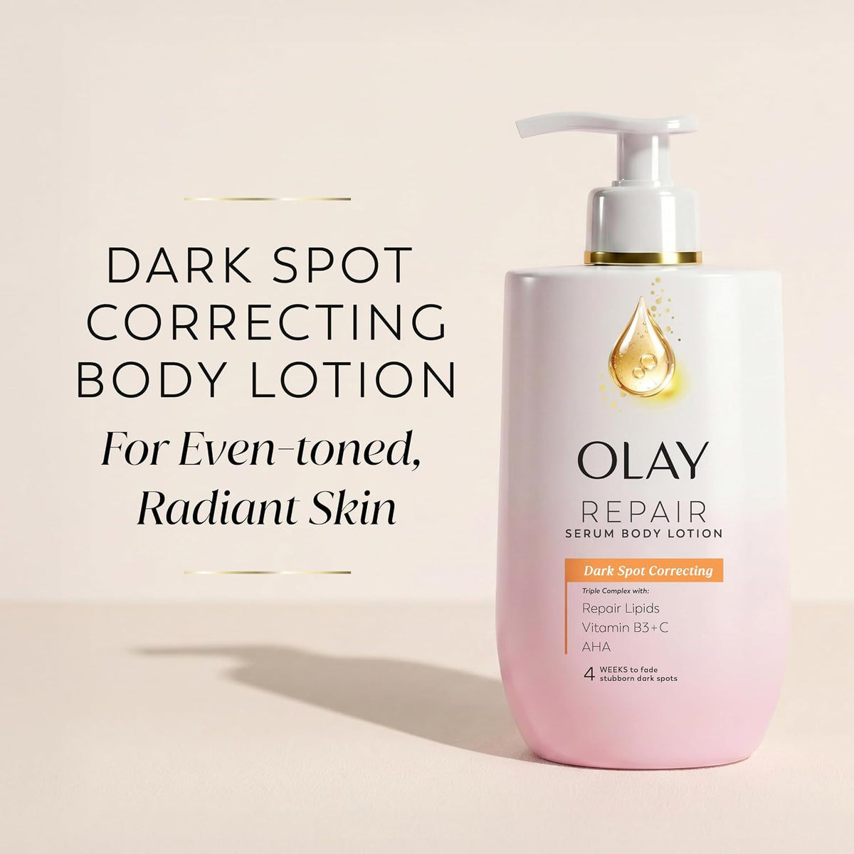 Olay Repair Serum Body Lotion in a white pump bottle with a soft pink base, shown on a warm beige background with promotional text reading 'Dark Spot Correcting Body Lotion For Even-toned, Radiant Skin'.