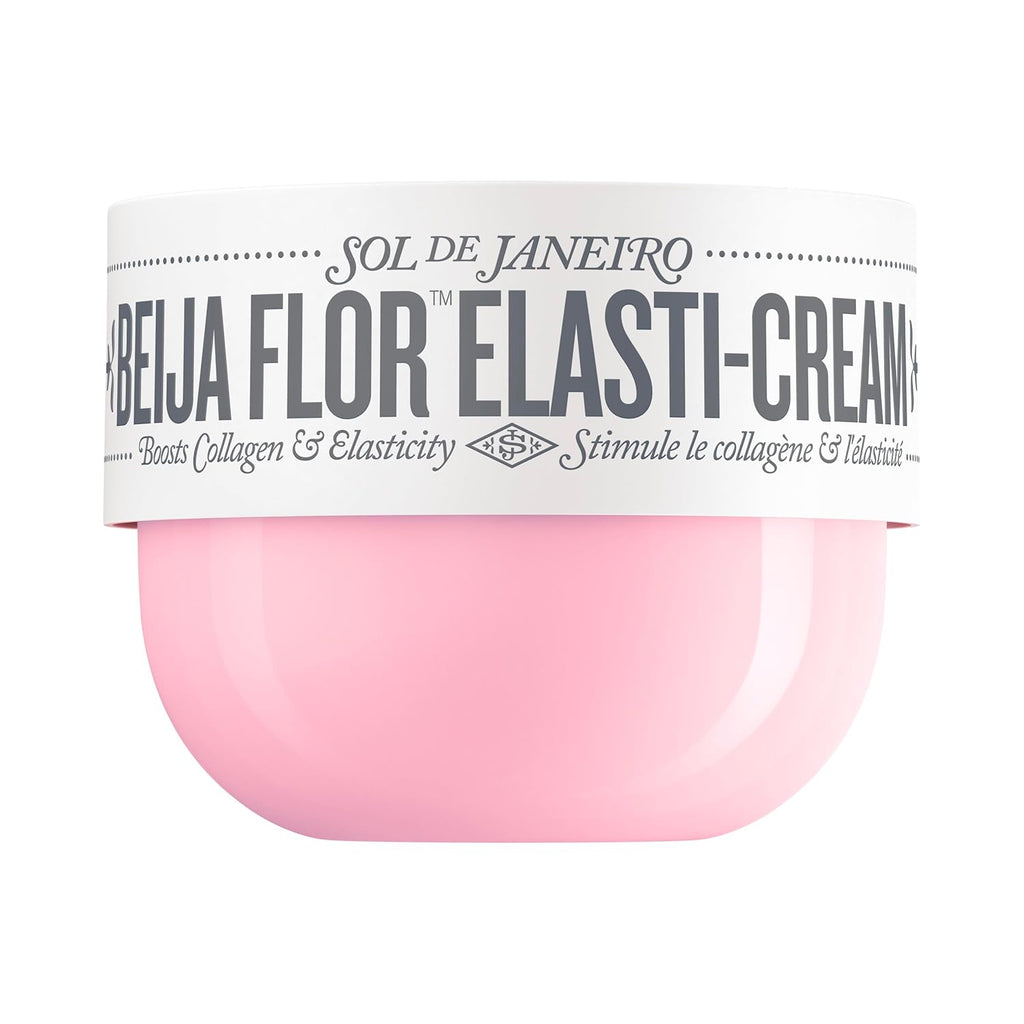 Pink jar of Sol de Janeiro Beija Flor Elasti-Cream on a white background