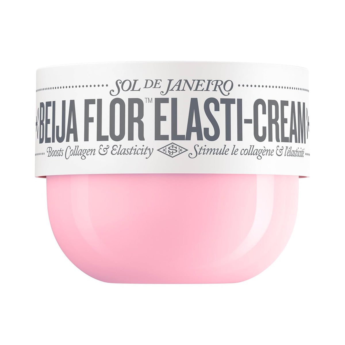 Pink jar of Sol de Janeiro Beija Flor Elasti-Cream on a white background