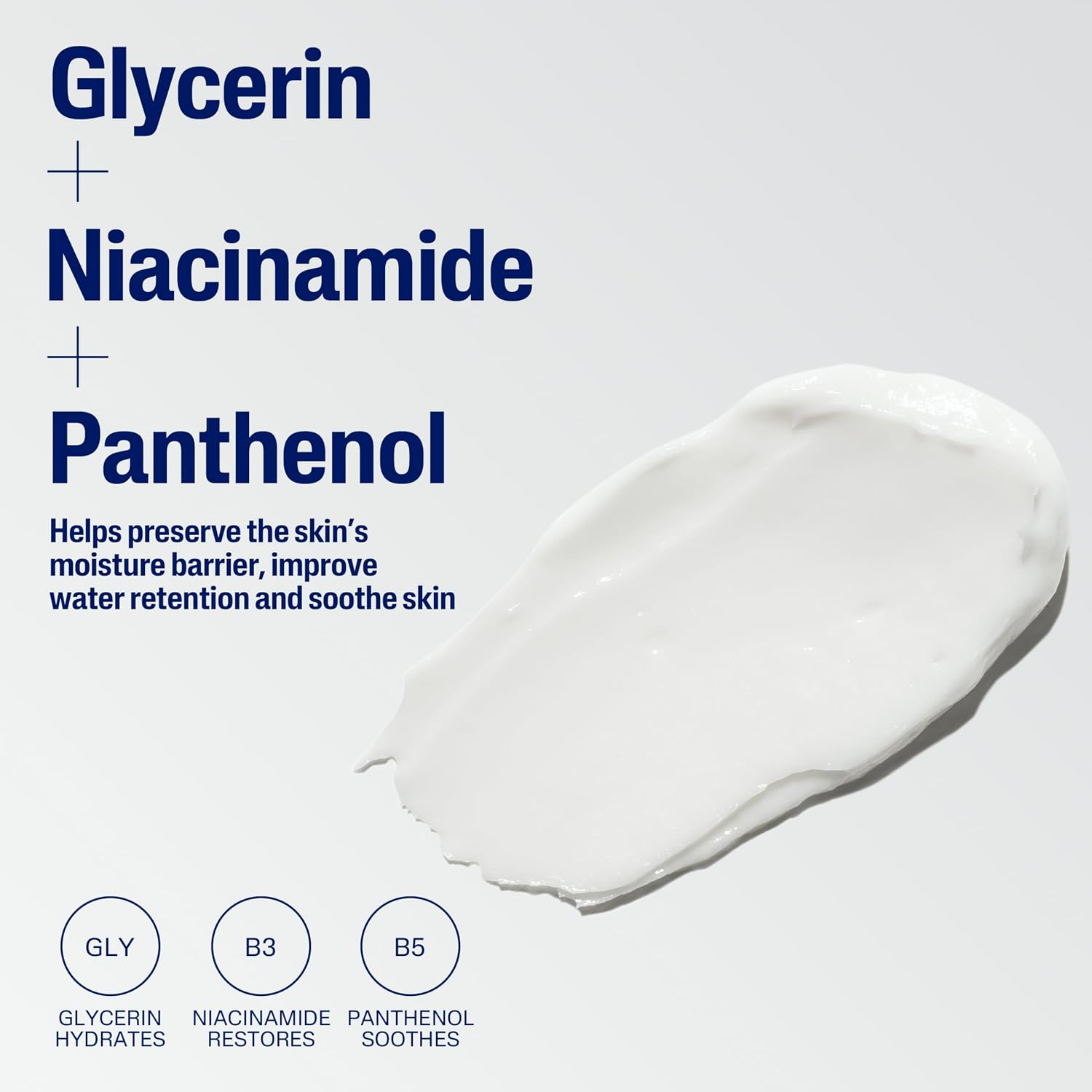 White cream with text about Glycerin, Niacinamide, and Panthenol on a light gray background