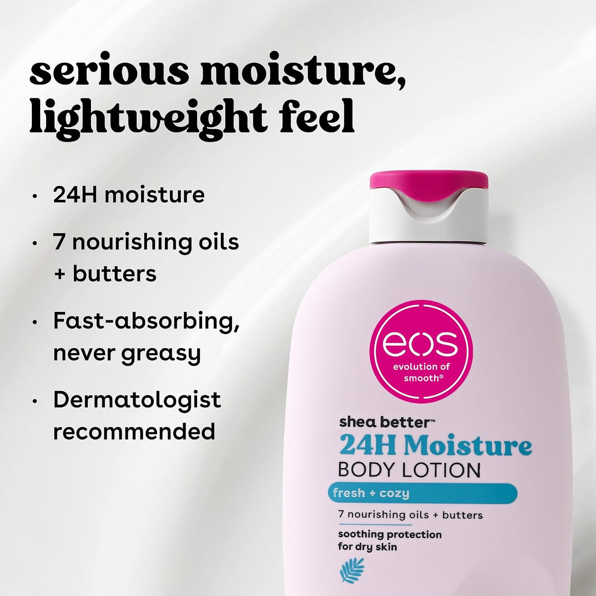 A bottle of EOS 24H Moisture Body Lotion shown on a white background with promotional text on the left. The bottle is pale pink with a bright pink cap and a pink circular EOS logo, plus blue and black text.
