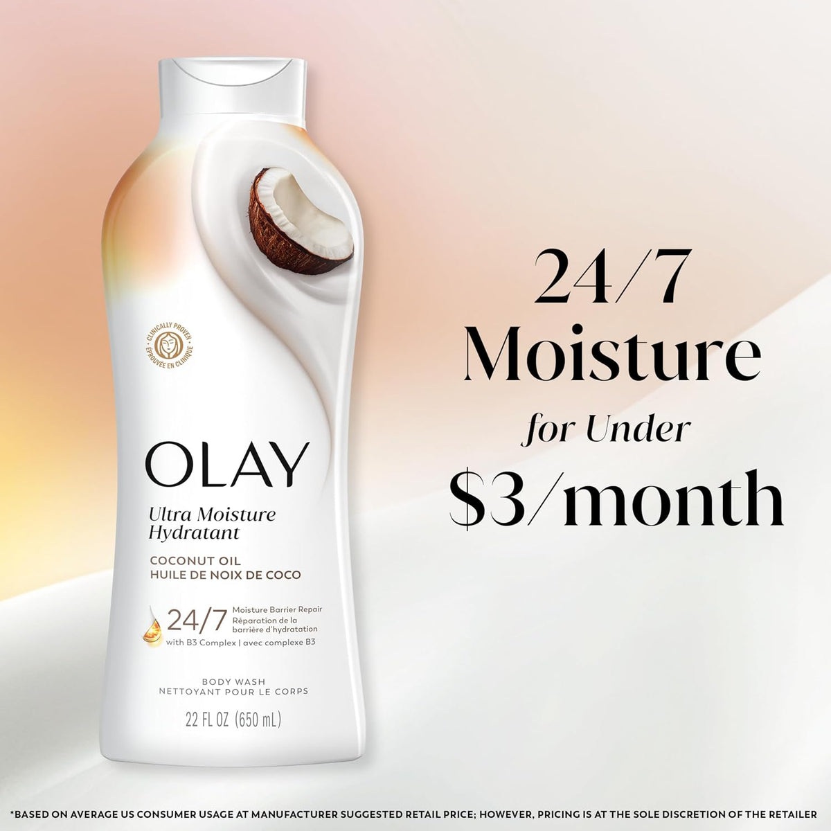 Olay coconut oil body wash bottle on a soft peach and cream background with promotional text reading '24/7 Moisture for Under $3/month'.