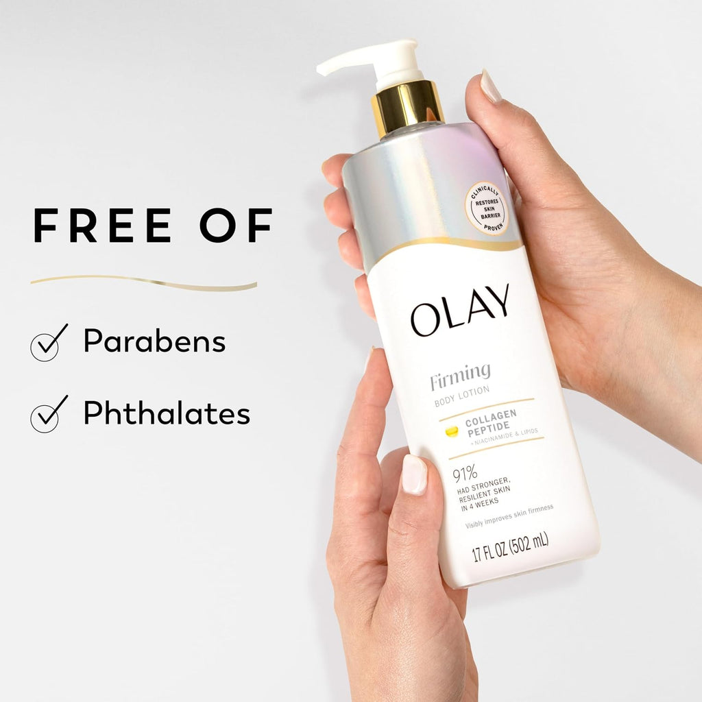 Olay Firming Body Lotion held by a hand with text indicating 'Free of Parabens and Phthalates' on a light background