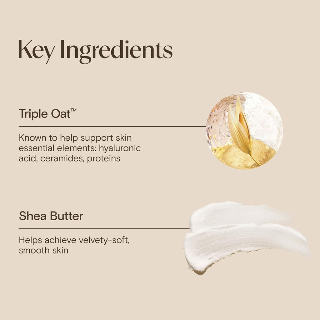 Product description card with 'Triple Oat' and 'Shea Butter' as key ingredients on a beige background.