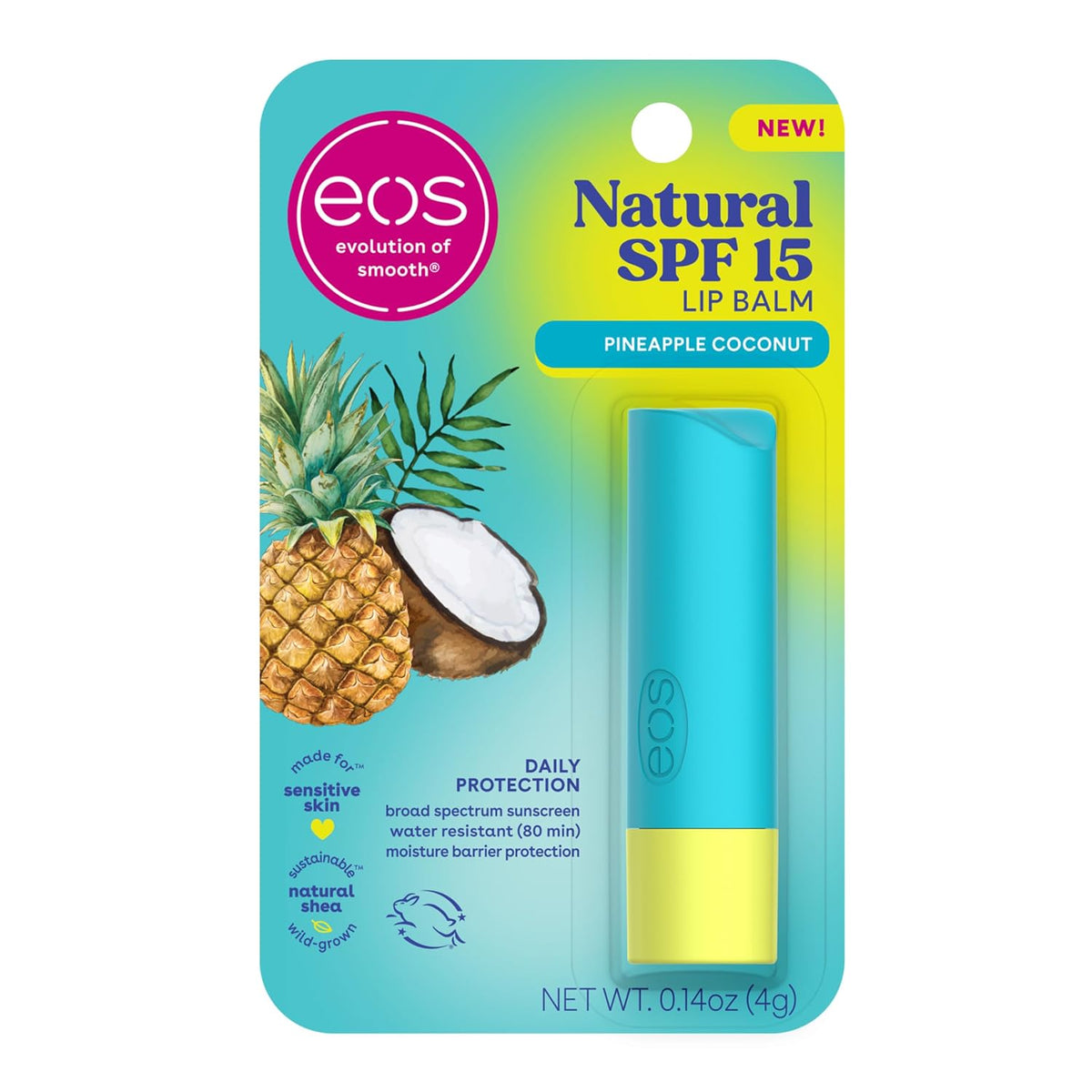 eos Pineapple Coconut lip balm packaging with SPF 15 on a white background