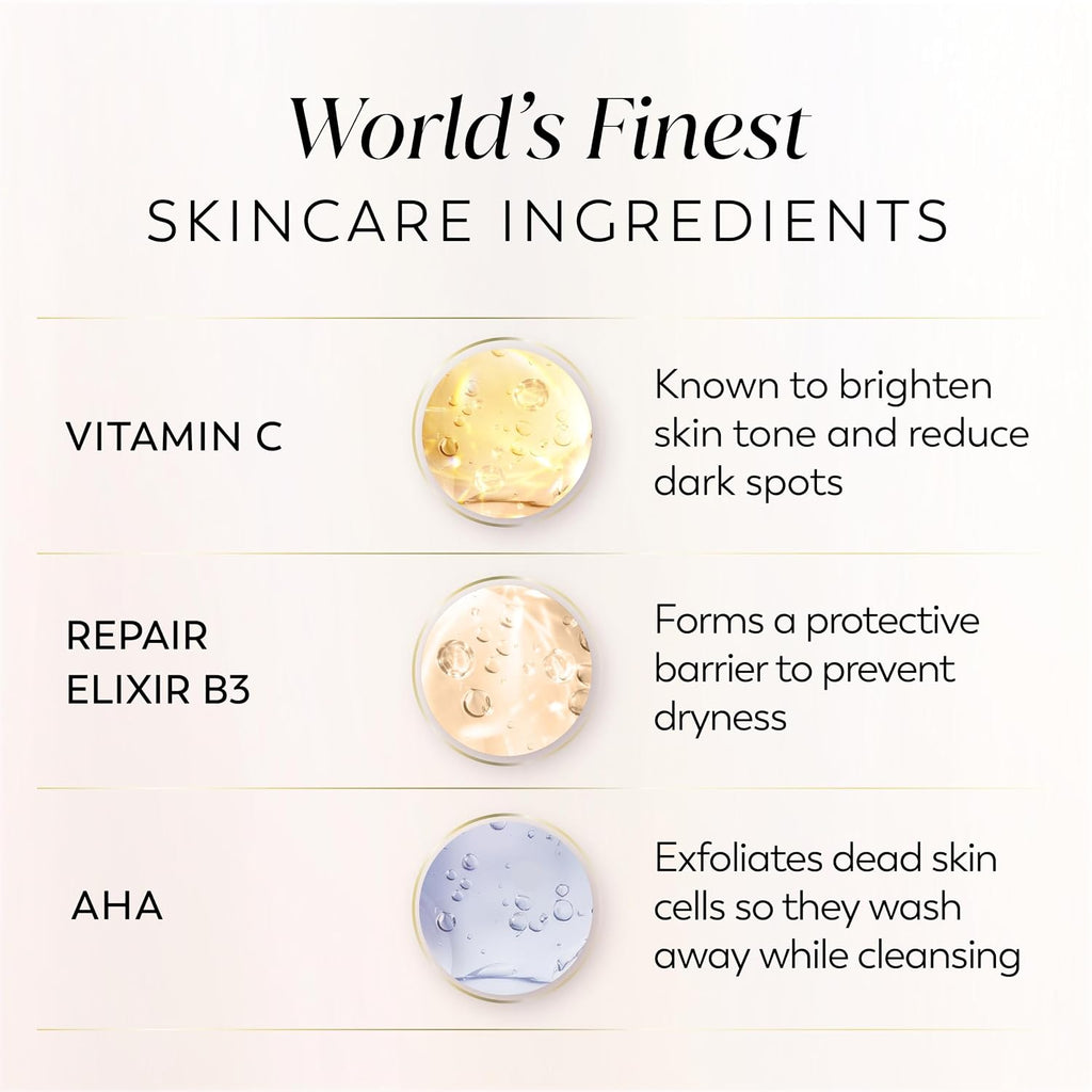 An informational skincare graphic with the headline 'World's Finest SKINCARE INGREDIENTS' on a light cream background. It lists three ingredients with small circular product photos and text: Vitamin C, Repair Elixir B3, and AHA.