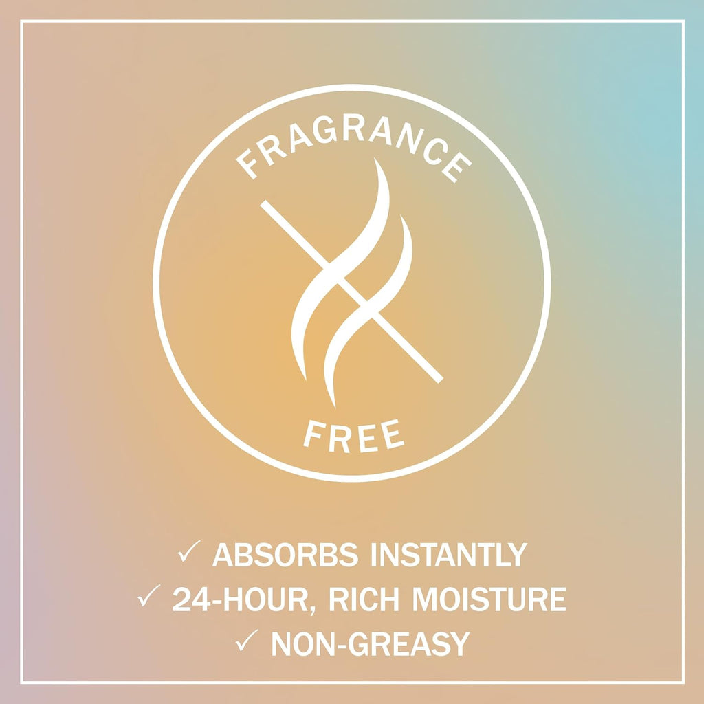 A square promotional graphic with a soft peach-to-blue gradient background and a white circular logo reading “FRAGRANCE FREE.” Below the logo, white text lists benefits: “ABSORBS INSTANTLY,” “24-HOUR, RICH MOISTURE,” and “NON-GREASY.