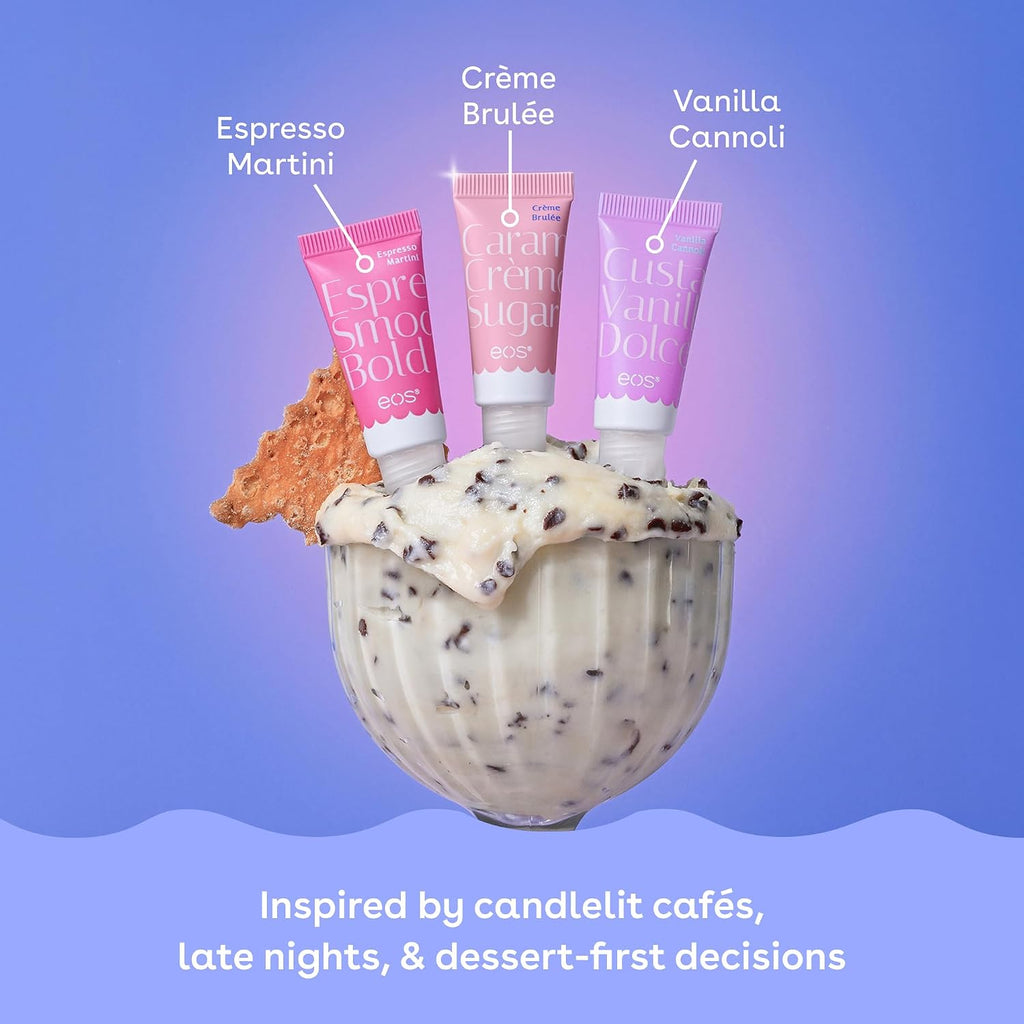 Ice cream bowl with cookie crumbles and three lip balm tubes labeled 'Espresso Martini', 'Cèreme Brélè', and 'Vanilla Cannoli' on a blue background.