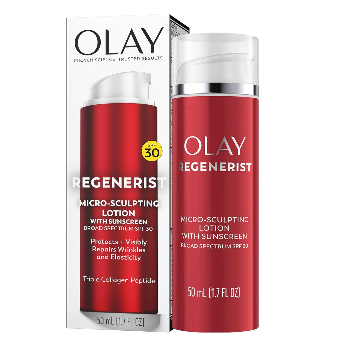 Olay Regenerist Micro-Sculpting Lotion with Sunscreen SPF 30 shown in a red squeeze bottle next to its white and silver retail box on a white background.