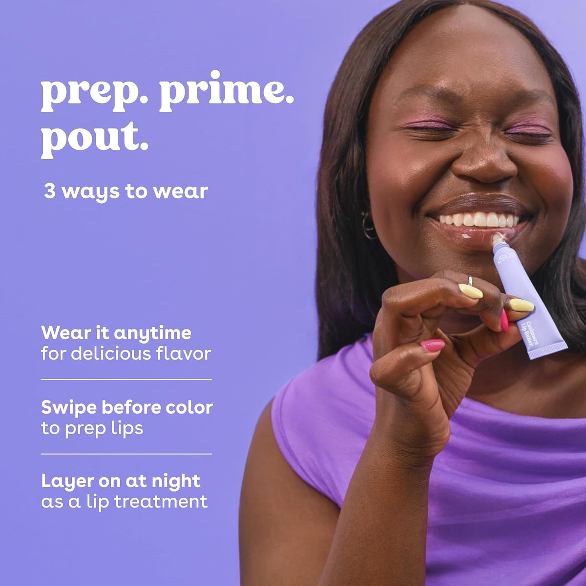 A woman in a purple top applies a lip product to her lips against a lavender background with white text reading 'prep. prime.