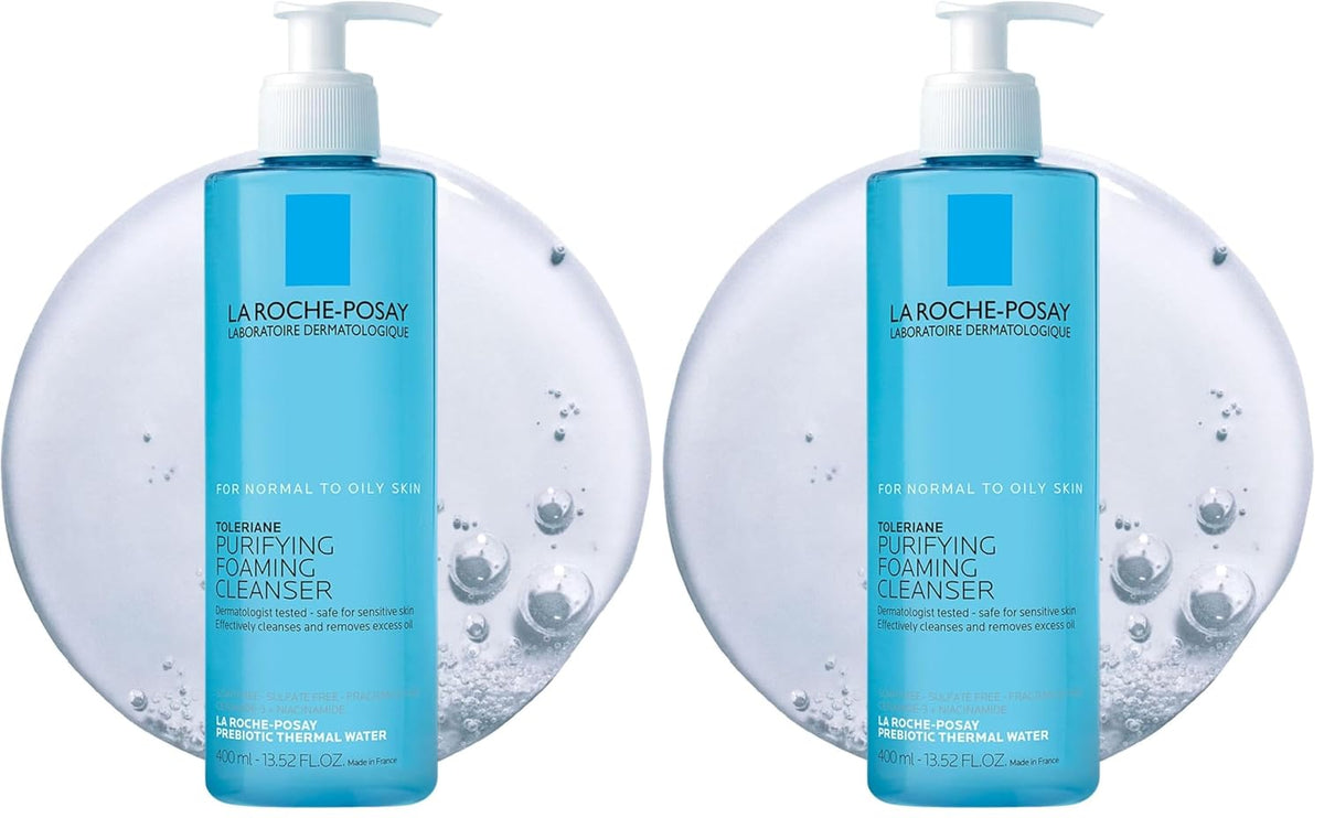 Two bottles of La Roche-Posay Turquoise Purifying Foaming Cleanser side by side against a white background with a large clear bubble graphic behind each bottle.