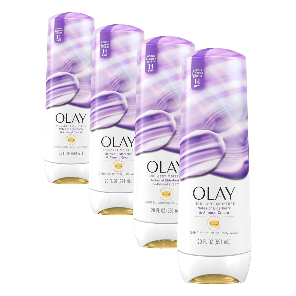 Four Olay Regenerating Body Wash bottles arranged in a staggered row on a white background, featuring purple and lavender swirl graphics on the labels.