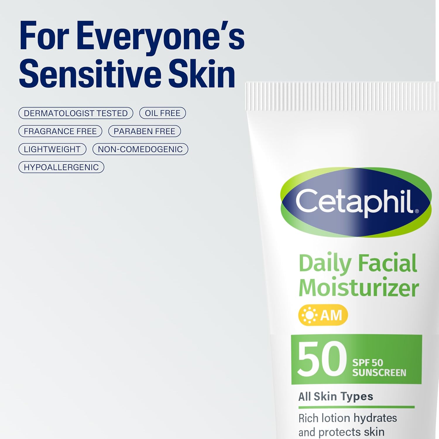 Cetaphil Daily Facial Moisturizer packaging with SPF 50 on a light gray background