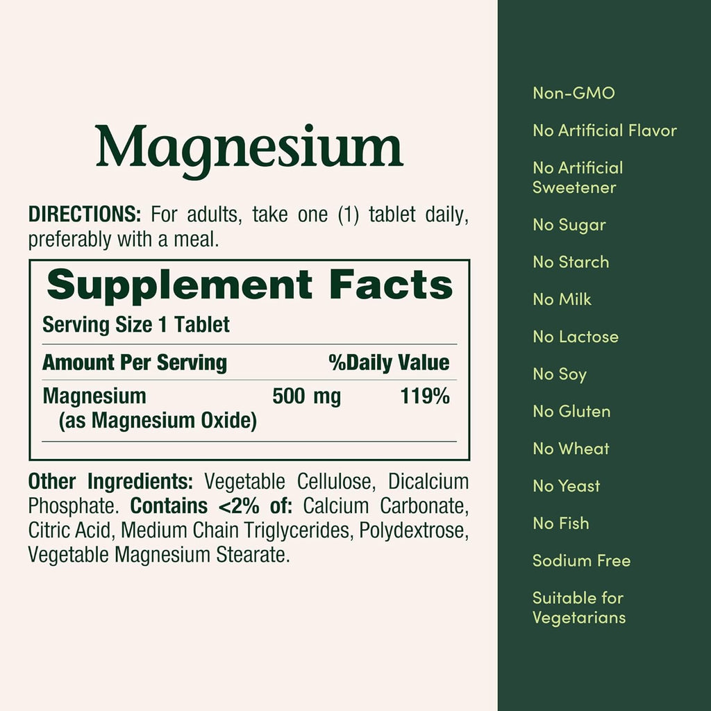 Nature's Bounty Magnesium 500 mg Tablets, High Potency Magnesium Supplement for Bone & Muscle Health, Whole Body Support