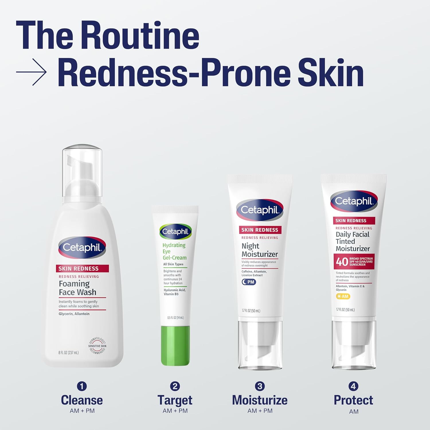 Cetaphil skincare products for redness-prone skin on a white background