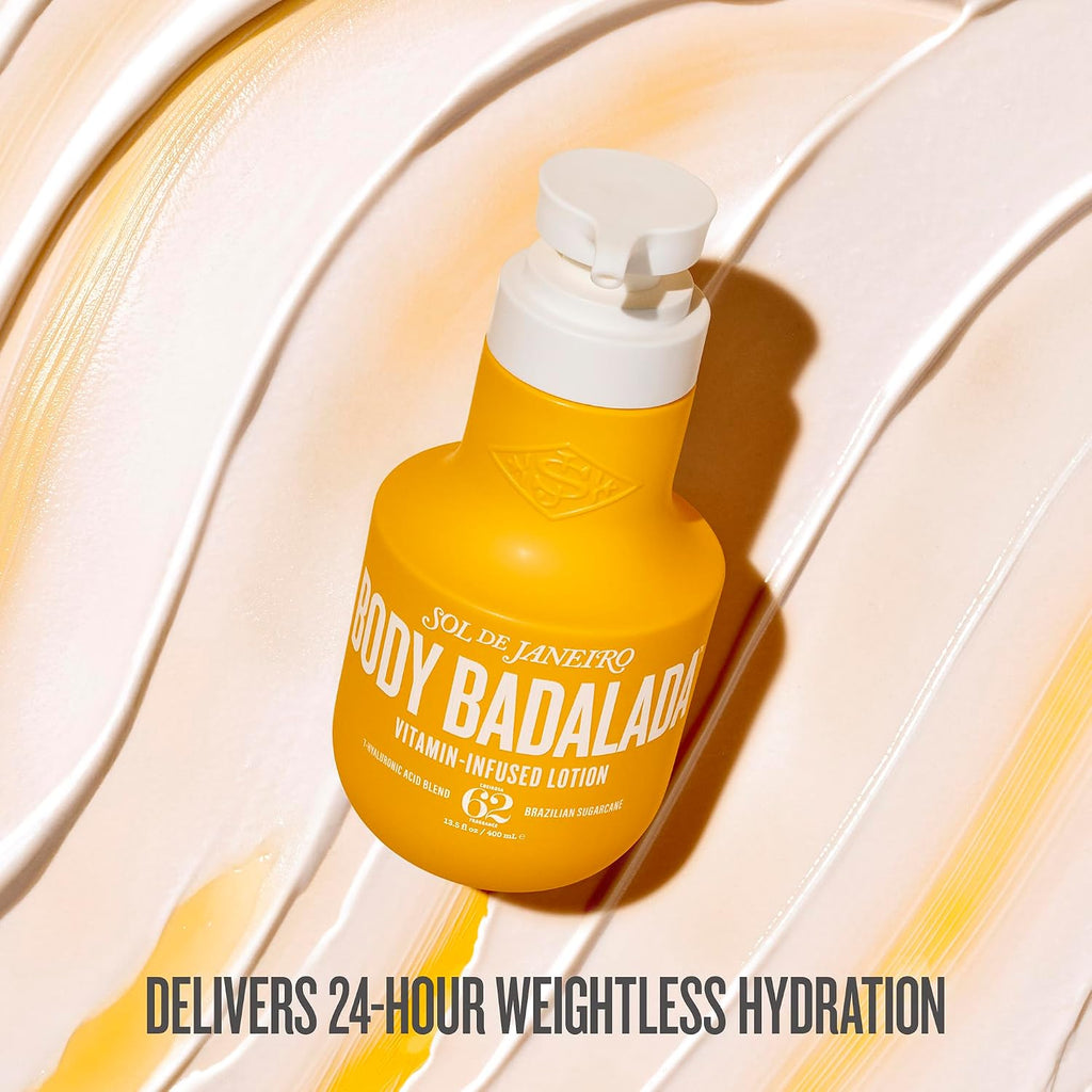 Yellow lotion bottle with white pump on a light wooden surface, featuring text about hydration.