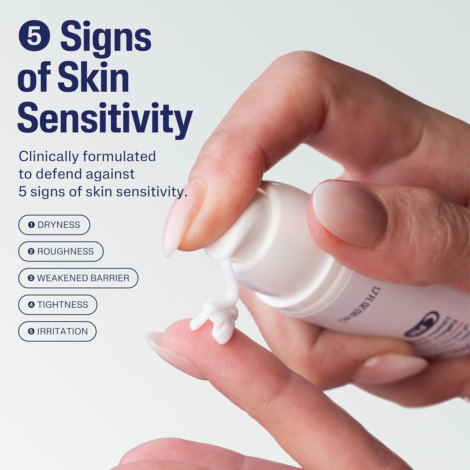 Hand applying cream with text about skin sensitivity and product features.