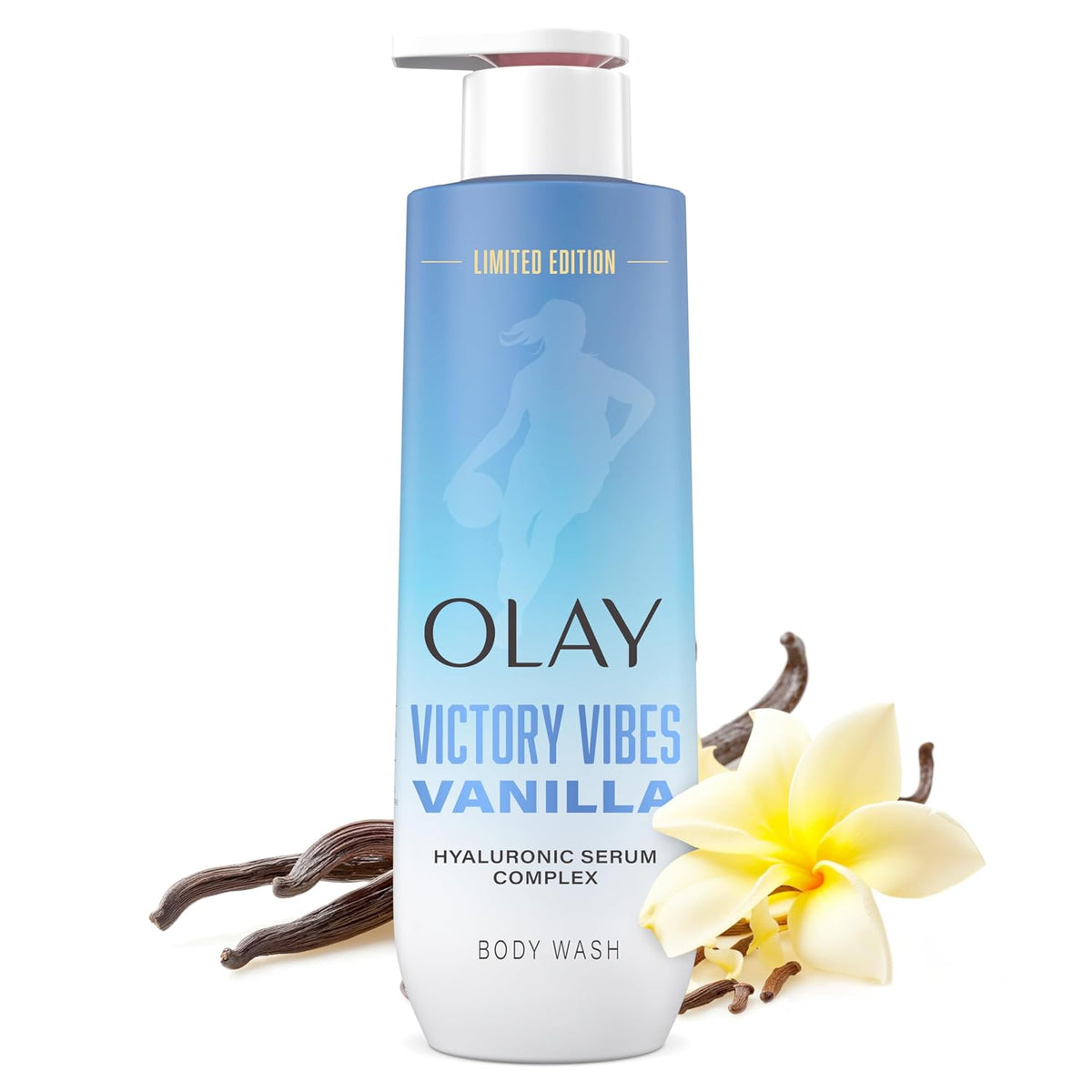 Olay Victory Vibes Vanilla body wash bottle with vanilla beans and a flower on a white background