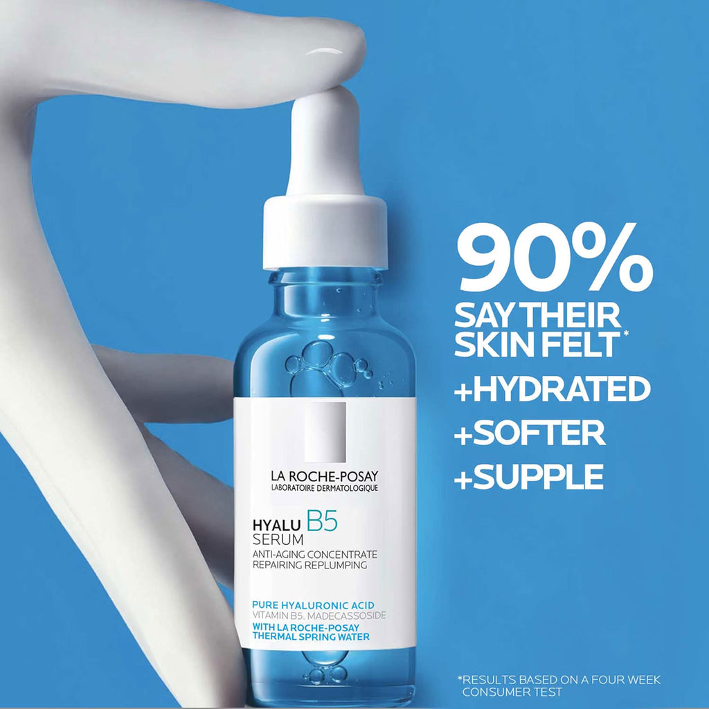 La Roche-Posay Hyalu B5 Serum bottle with text on a blue background