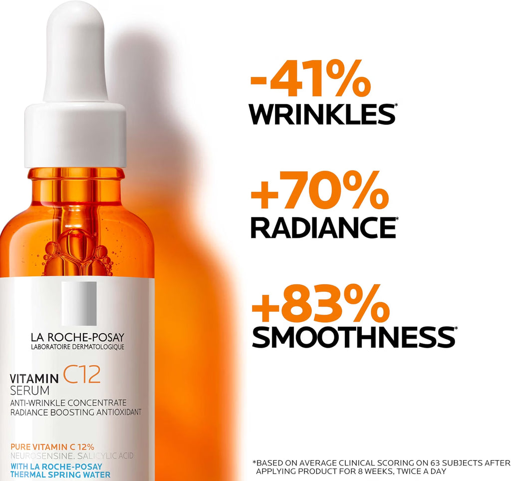 La Roche-Posay Vitamin C12 Serum bottle with skincare benefits text on a white background