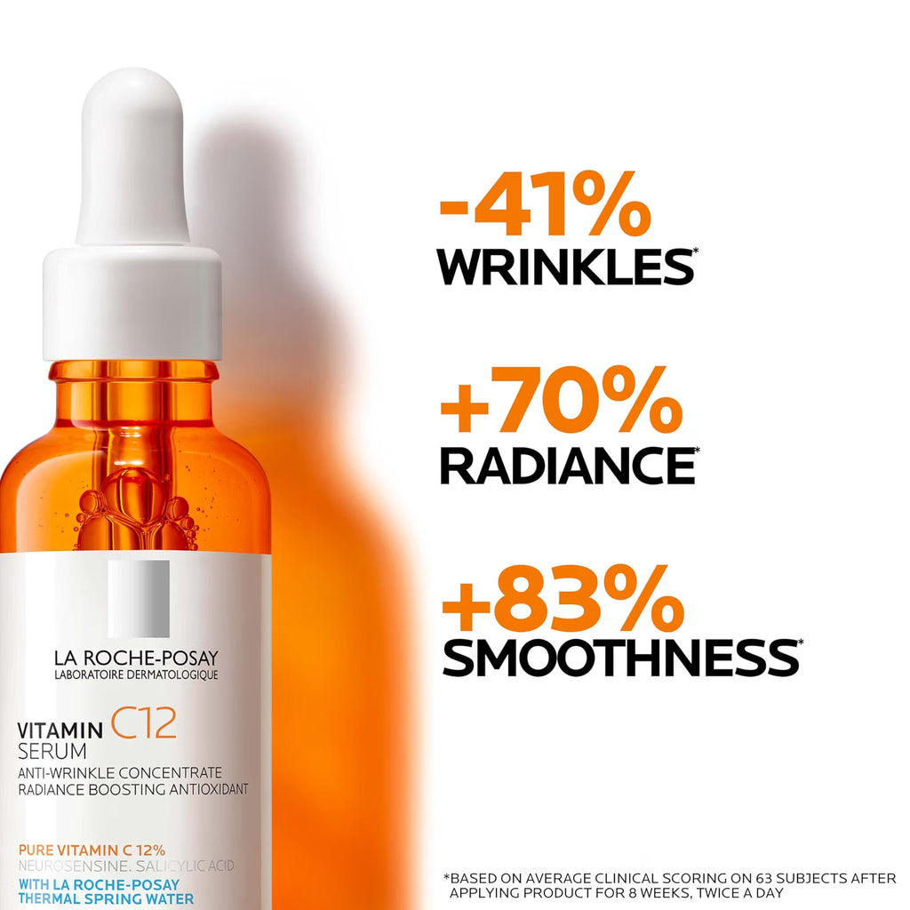 Vitamin C serum bottle with clinical benefits on a white background