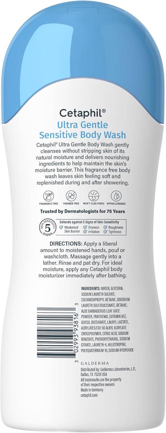Cetaphil Ultra Gentle Sensitive Body Wash bottle showing the back label, featuring a white bottle with a light blue cap and text detailing directions and ingredients.
