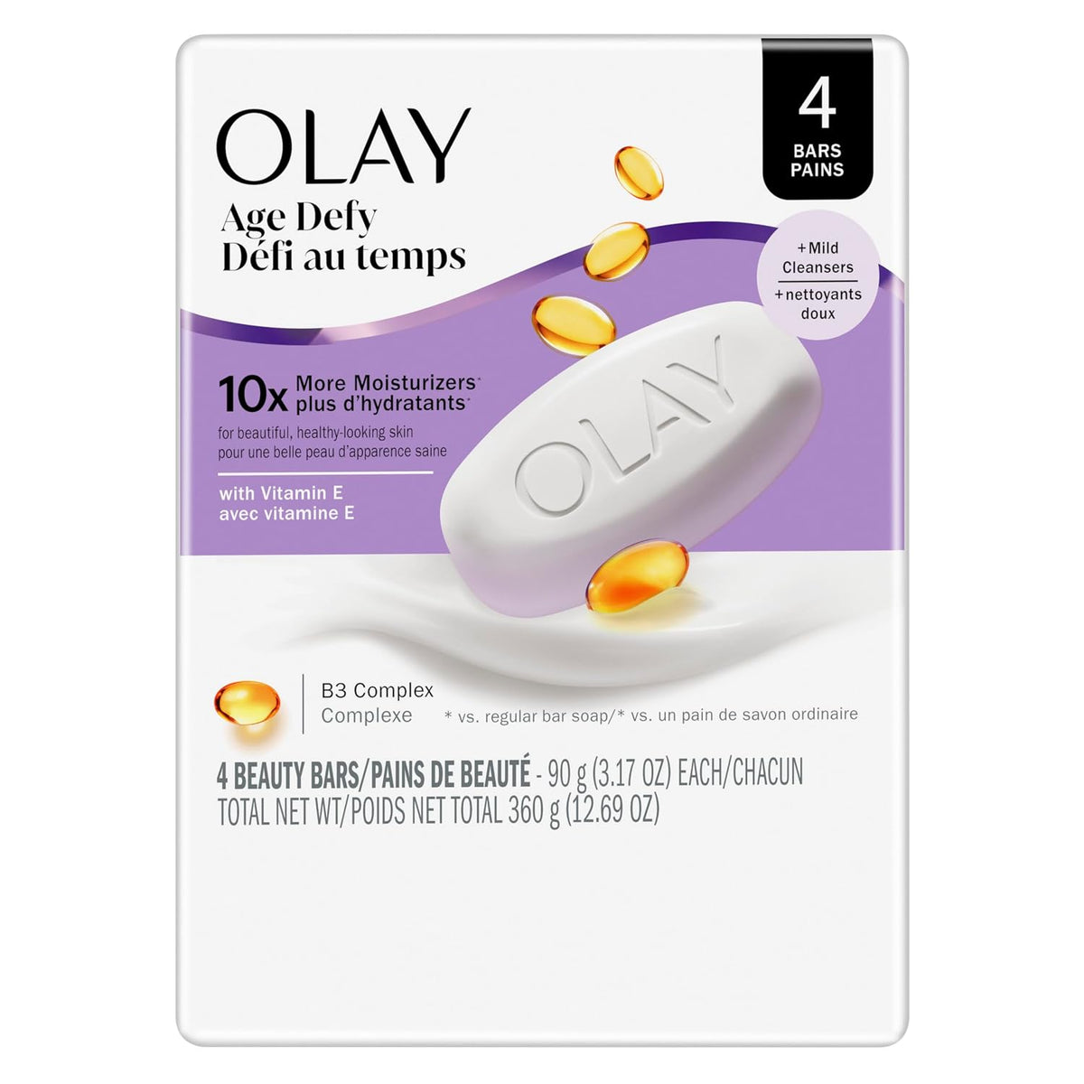 Olay Age Defy soap package with four bars on a white background