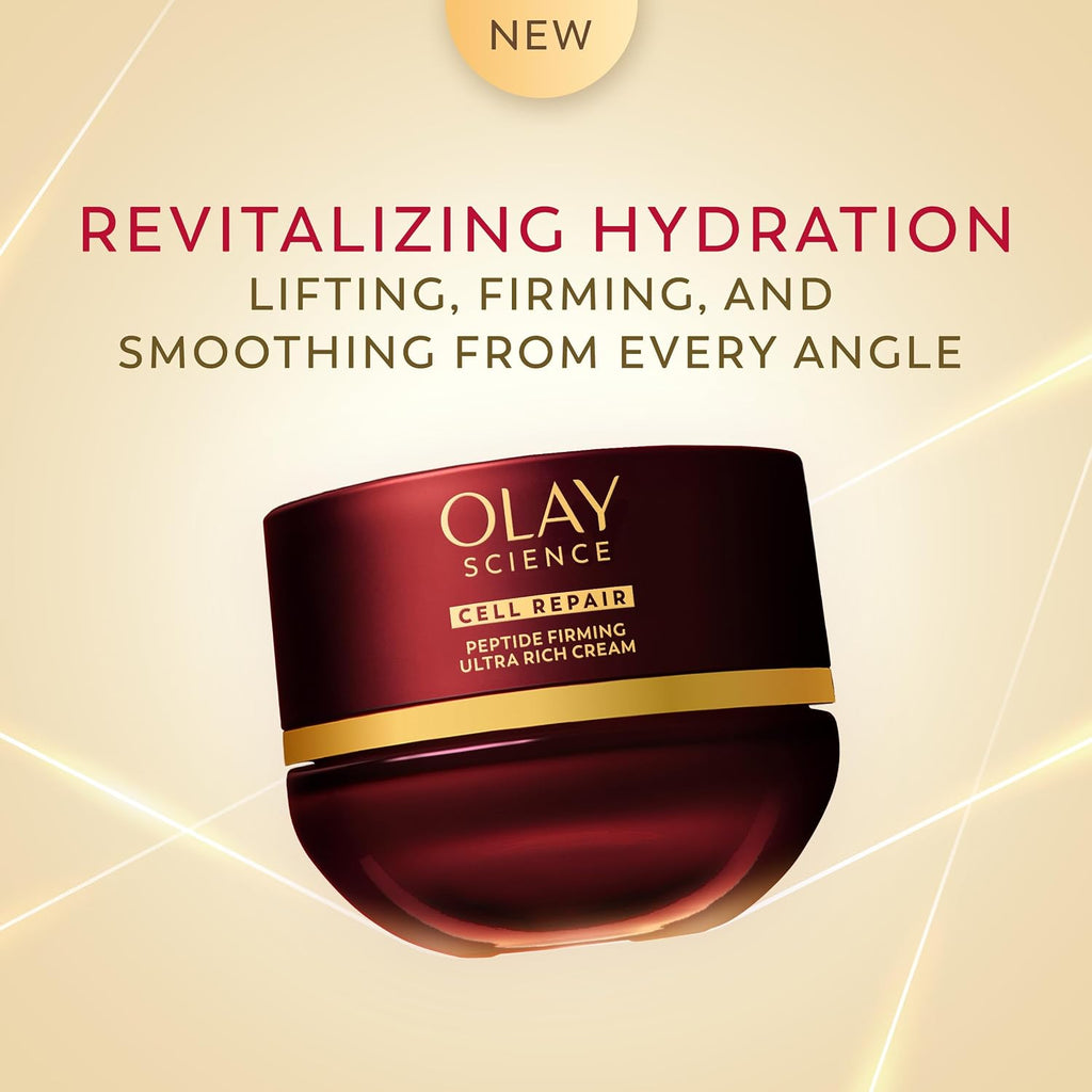 Olay cream jar with text on a beige background