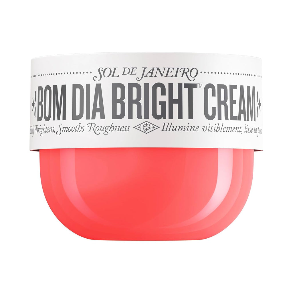 Sol de Janeiro Bom Dia Bright Cream in a glossy coral pink jar with a white label, shown against a plain white background.
