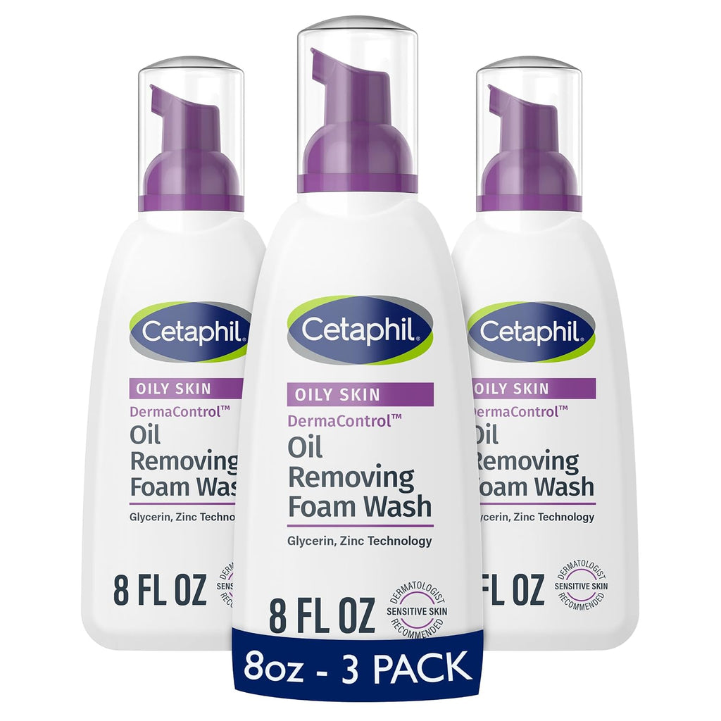 Three bottles of Cetaphil Oil Removing Foam Wash on a white background