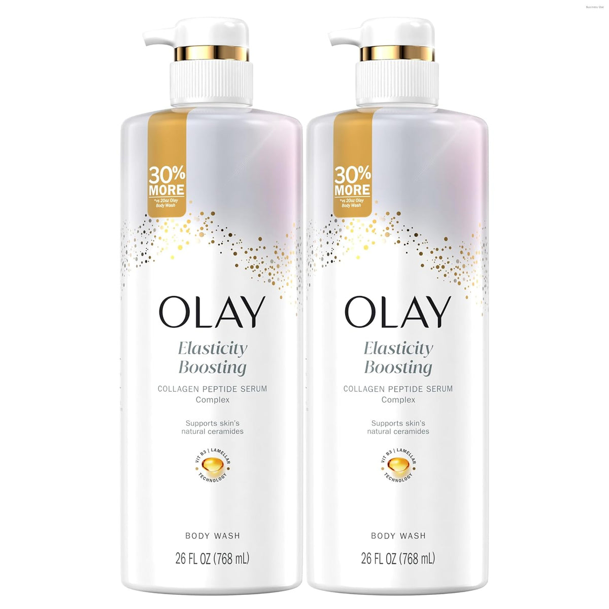 Two bottles of Olay Elasticity Boosting body wash on a white background