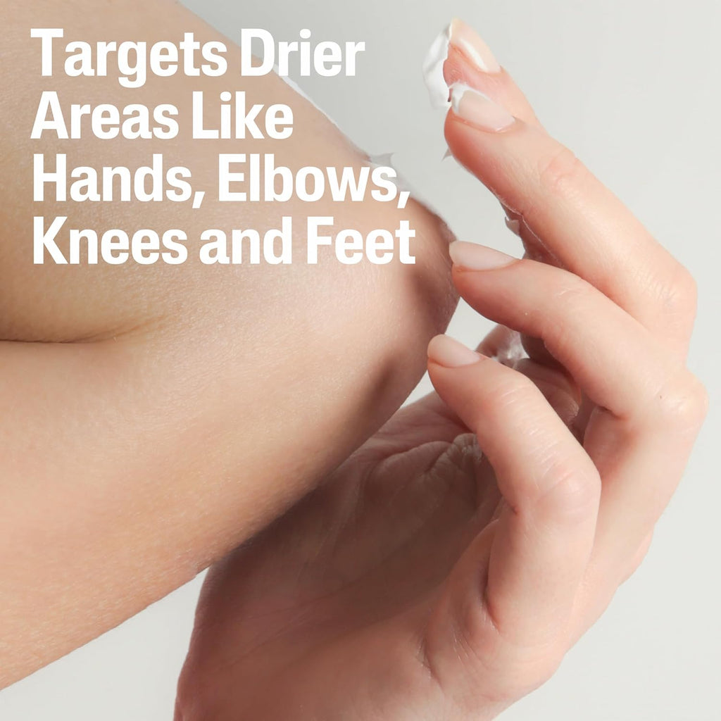 Hand applying cream to another hand with text about targeting drier areas.