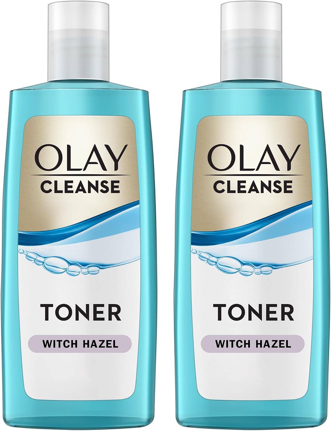 Two bottles of Olay Cleanse Toner in Witch Hazel, displayed side-by-side against a plain white background.